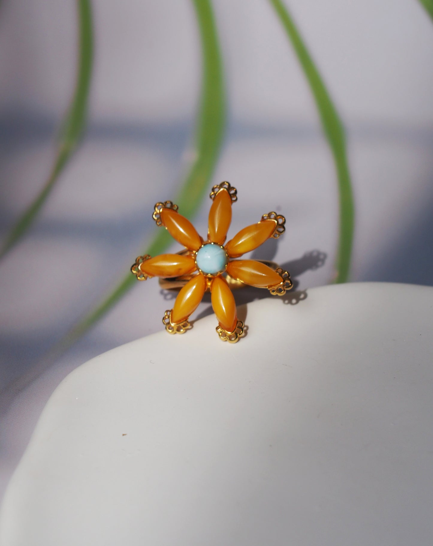 Deep Butterscotch Amber & Larimar Elegant Ring in Flower Shape in Gold Plated Silver