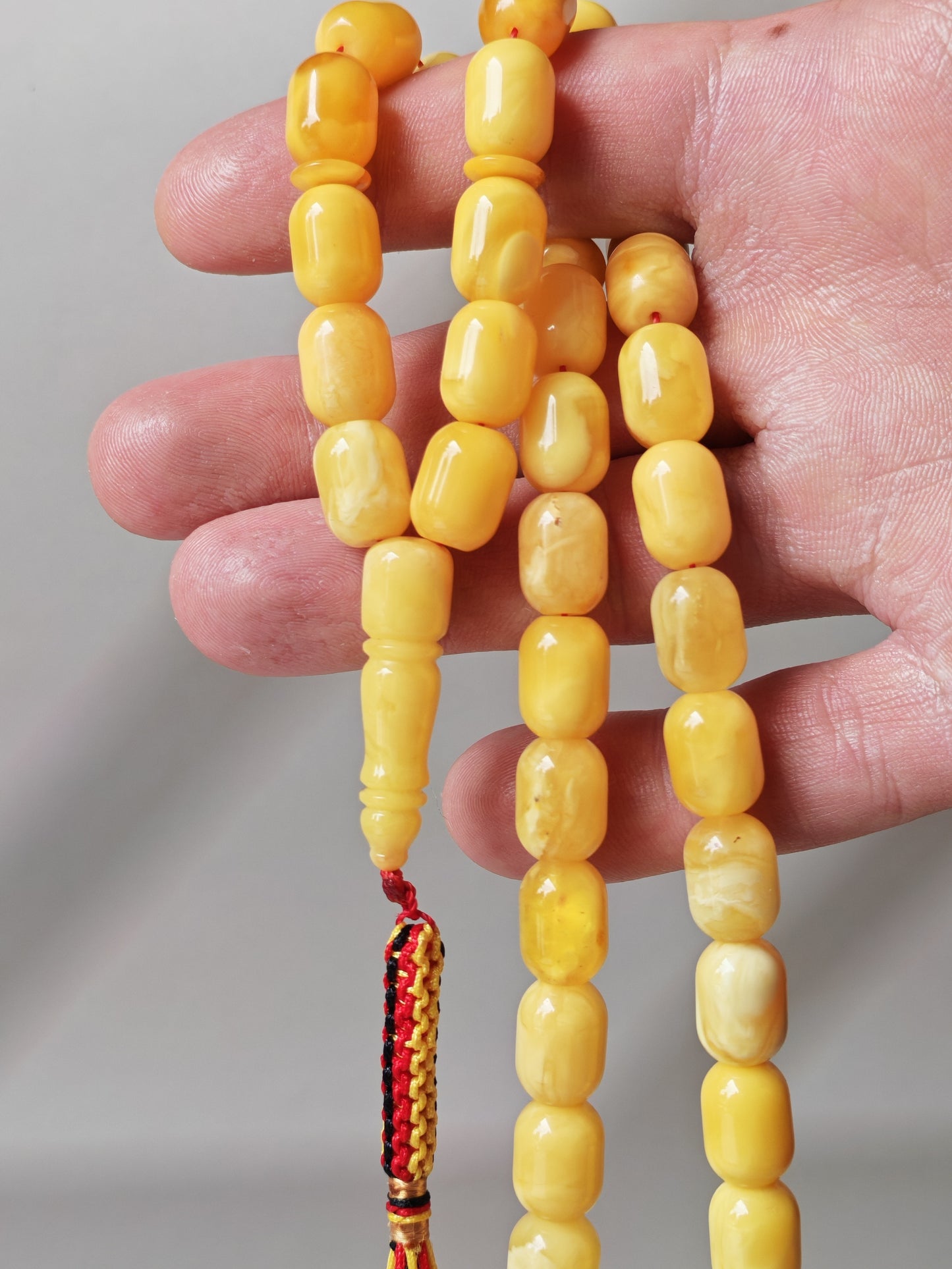 Mature Butterscotch Amber Rosary – 49 Barrel Beads | Deep Honey Accents