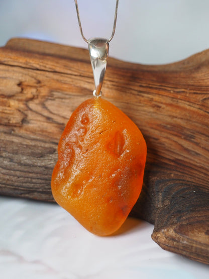 Oval Shape Raw Amber Pendant with Big Silver Hook and Chain