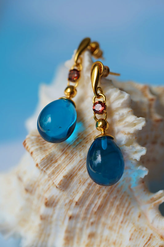 Blue Amber Olive Shape Dangling Earrings with Almandine Garnet in 14K Gold Plated Silver
