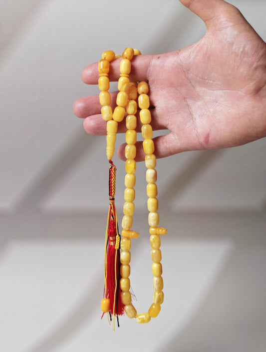 Mature Butterscotch Amber Rosary – 49 Barrel Beads | Deep Honey Accents