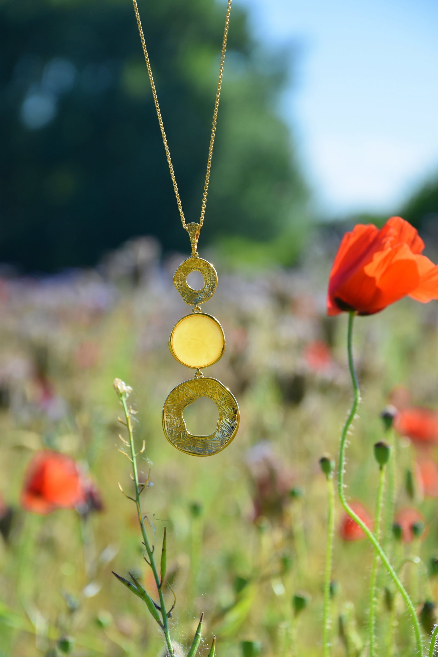 3 Parts Round Milk Amber and Gold Plated Silver Pendant