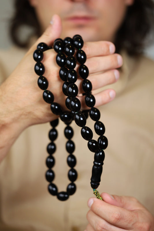 Unique and Extremely Rare Antique Black Melted German Amber Tasbih From 1980s Iraq | 66 Olive Beads | 150g