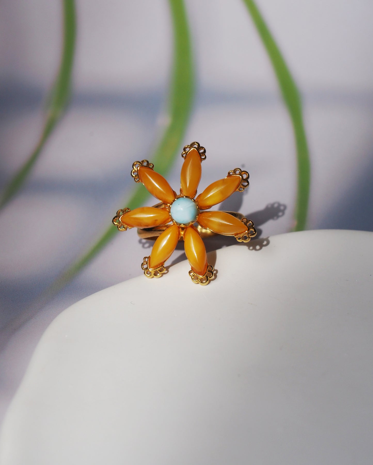 Deep Butterscotch Amber & Larimar Elegant Ring in Flower Shape in Gold Plated Silver