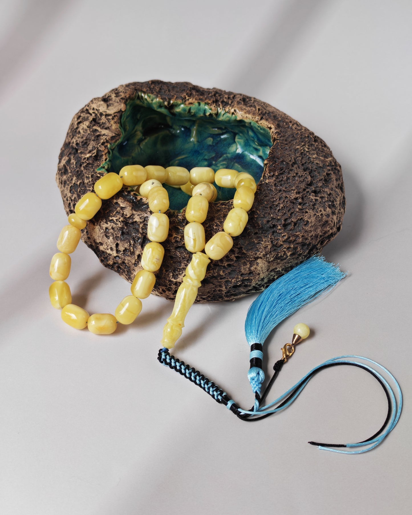 Bright Milk With Honey Inclusions Amber Rosary – 33 Barrel Beads | Unique Long Imam
