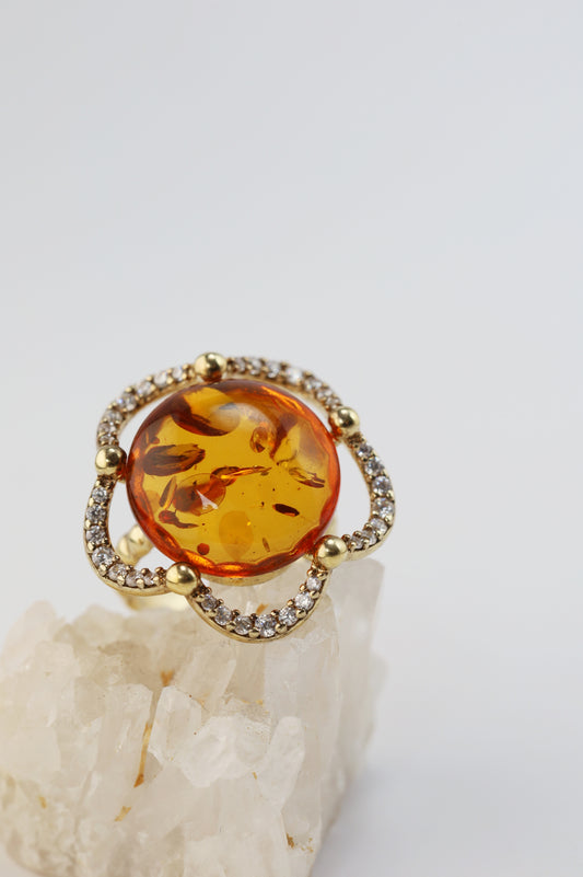 Delicate Flower Shaped Cognac Amber Ring with Cubic Zirconia in Gold Plated Silver