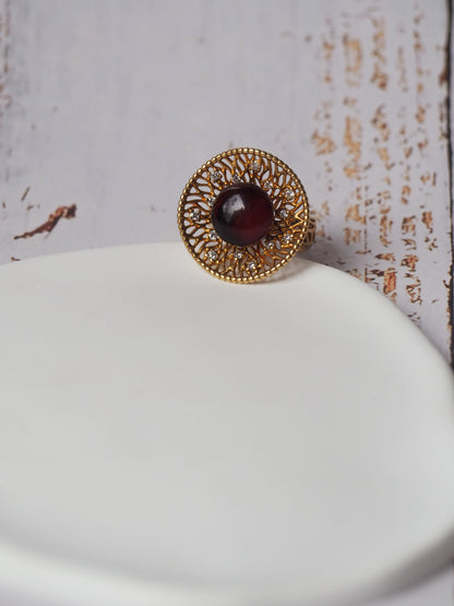 Supertree  Ring with Cherry Amber and Cubic Zirconias in Gold Plated Silver