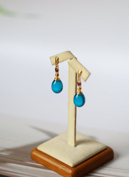 Blue Amber Olive Shape Dangling Earrings with Almandine Garnet in 14K Gold Plated Silver