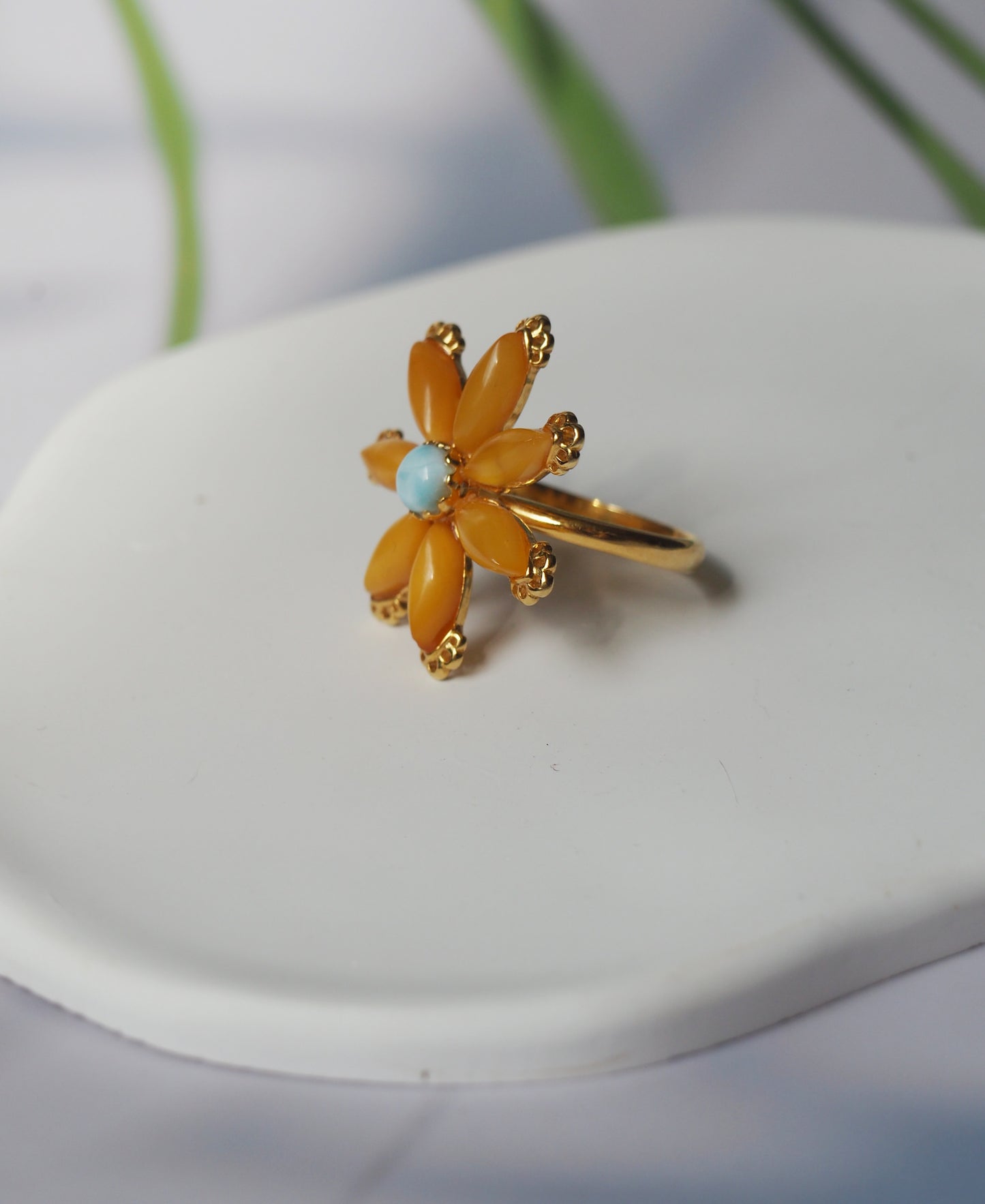 Deep Butterscotch Amber & Larimar Elegant Ring in Flower Shape in Gold Plated Silver