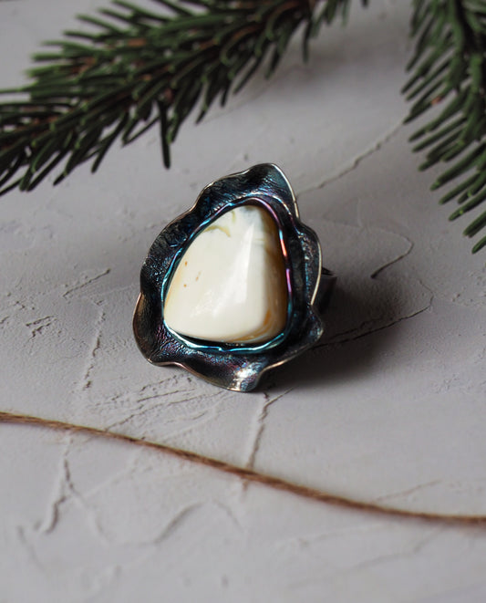 Pure Royal White Amber Ring with Oxidized Silver 925 with Blue Hue