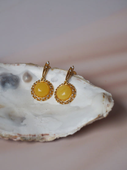 Delicate Mesh Butterscotch Amber Earrings with Rhinestones