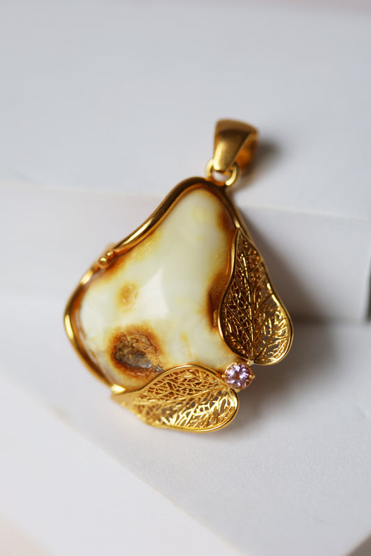 Natural Royal White Amber Pendant in Gold Plated Silver with Amethyst