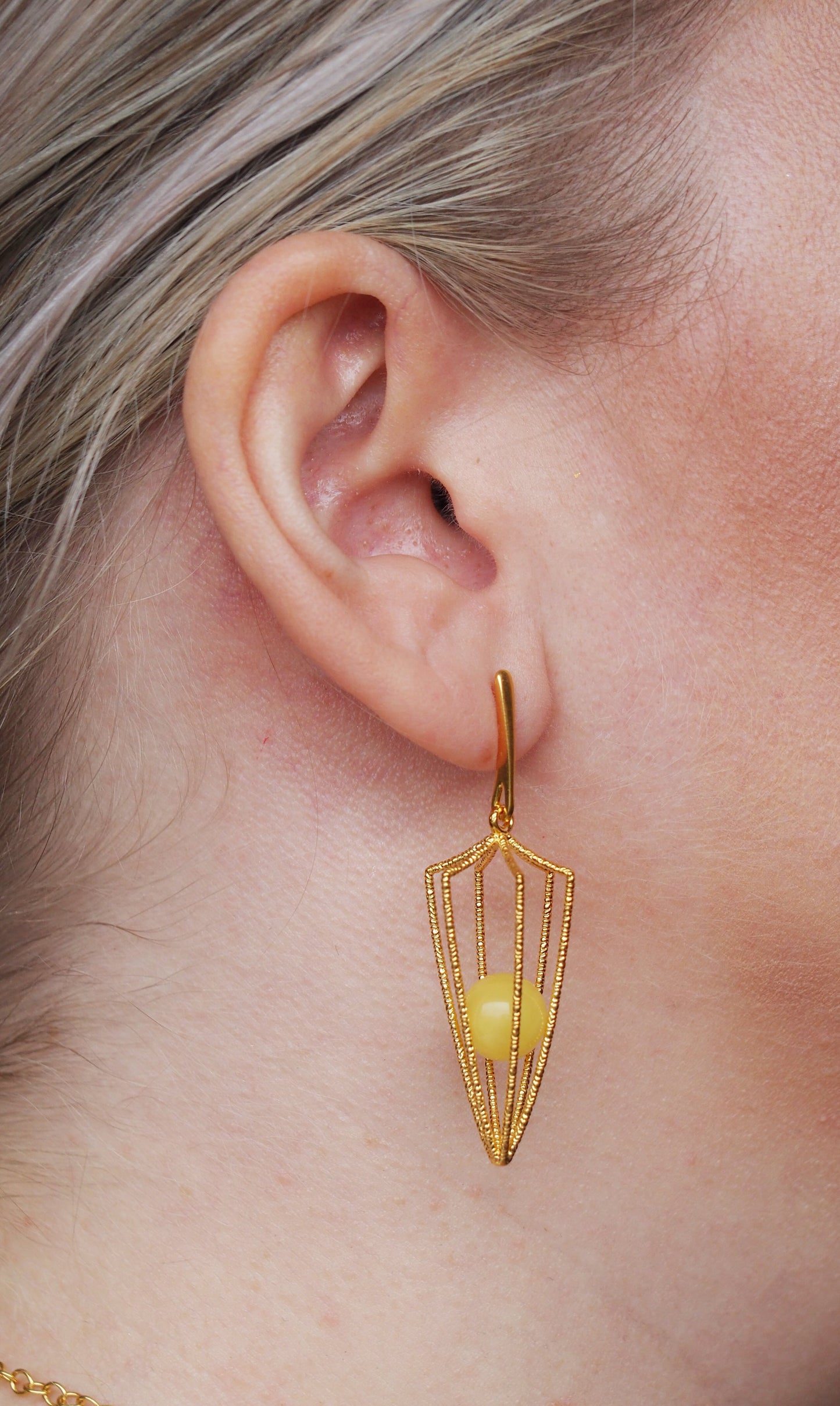 Geometric Cage Earrings With Butterscotch Amber And Gold Plated Silver