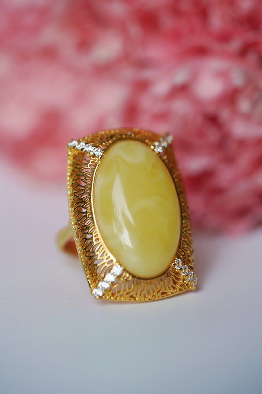 Rectangular Butterscotch Amber Ring with Cubic Zirconias in Gold Plated Silver