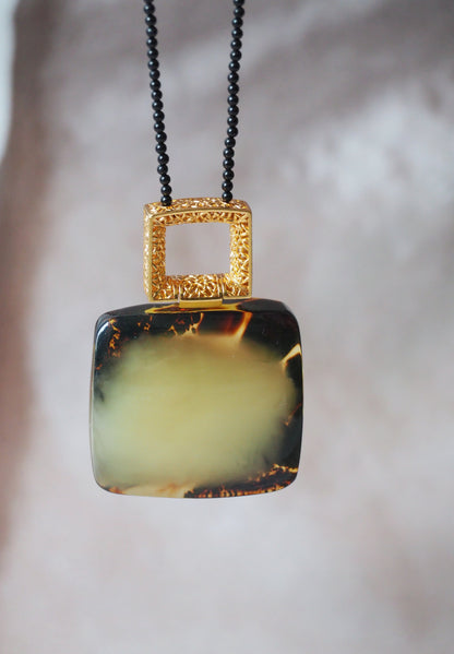 Huge Green Amber Necklace with Black Onyx Necklace and Gold Plated Frame