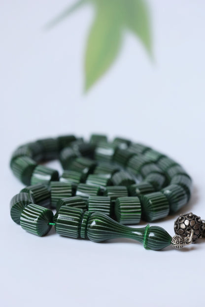 Dark Green 'Watermelon' Striped French Galalith Tasbih 37 Beads