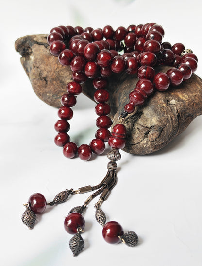 Antique Cherry Amber Faturan Misbah | 87 Beads | Damascus Material Turkish Craft