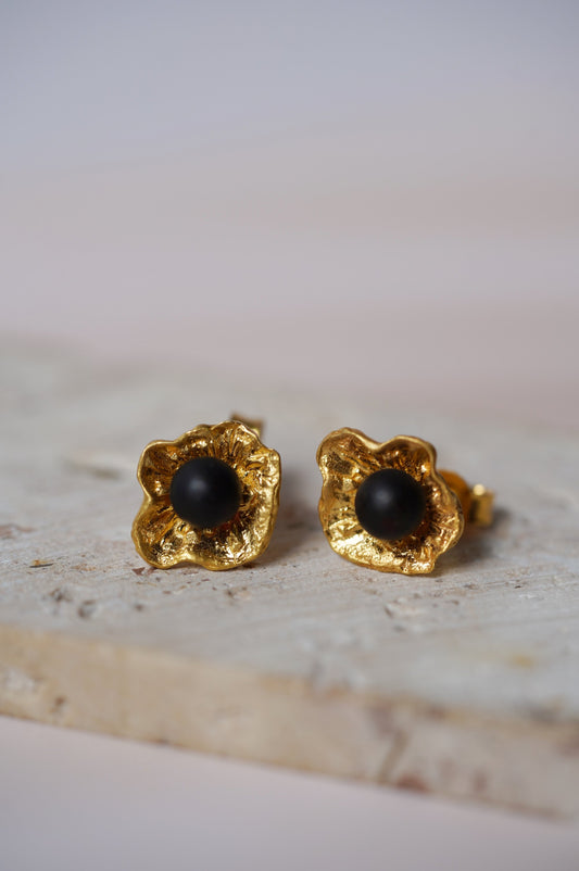 Flower Shaped Earrings with Cherry Matt Amber in Gold Plated Silver