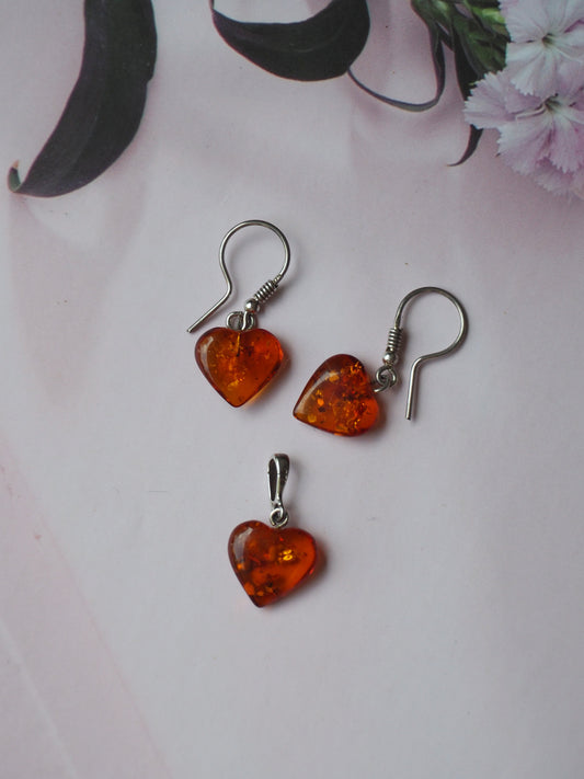 Heart Shape Cognac Amber Dangling Earrings + Pendant Set