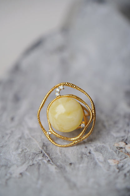 Delicate Round Irregular Royal White Amber Ring with Cubic Zirconias in Gold Plated Silver