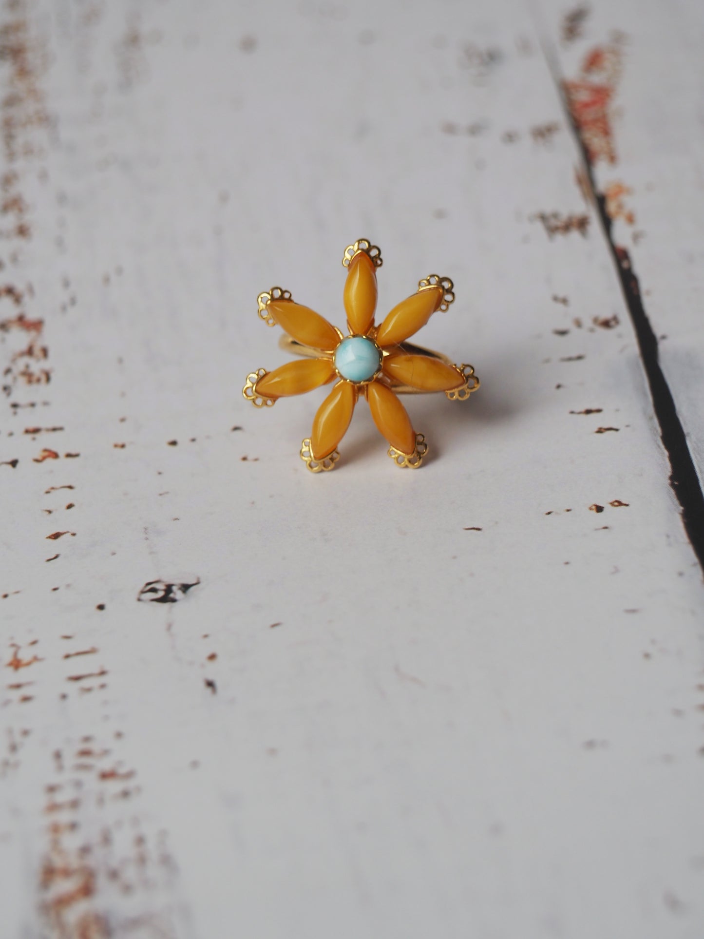 Deep Butterscotch Amber & Larimar Elegant Ring in Flower Shape in Gold Plated Silver