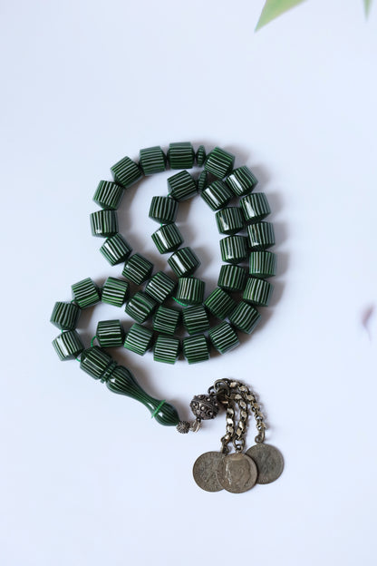 Dark Green 'Watermelon' Striped French Galalith Tasbih 37 Beads