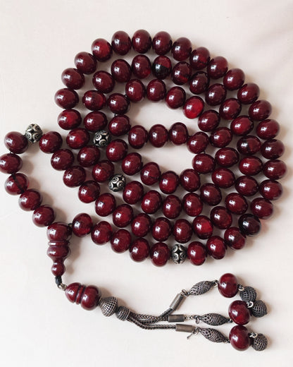 Antique Cherry Amber Faturan Misbah | 87 Beads | Damascus Material Turkish Craft