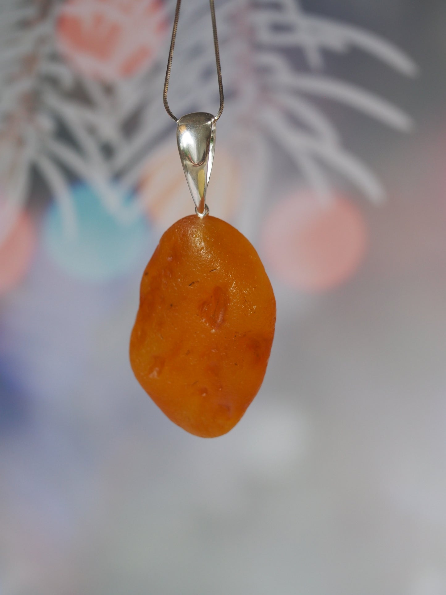 Oval Shape Raw Amber Pendant with Big Silver Hook and Chain