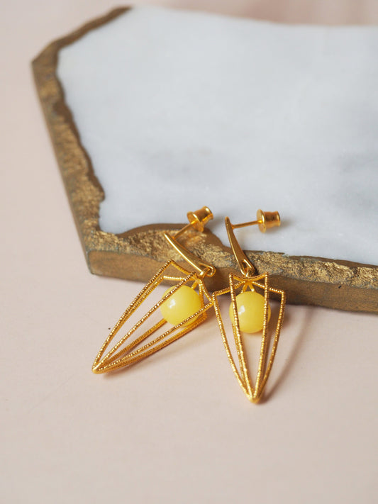 Geometric Cage Earrings With Butterscotch Amber And Gold Plated Silver