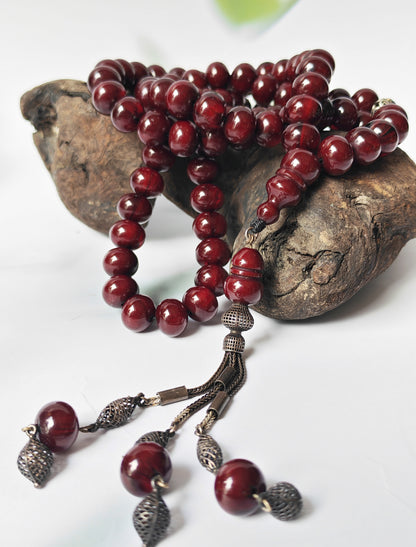 Antique Cherry Amber Faturan Misbah | 87 Beads | Damascus Material Turkish Craft