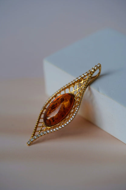 Marquise Shape Pendant with Natural Cognac Amber and Cubic Zirconias in Gold Plated Silver