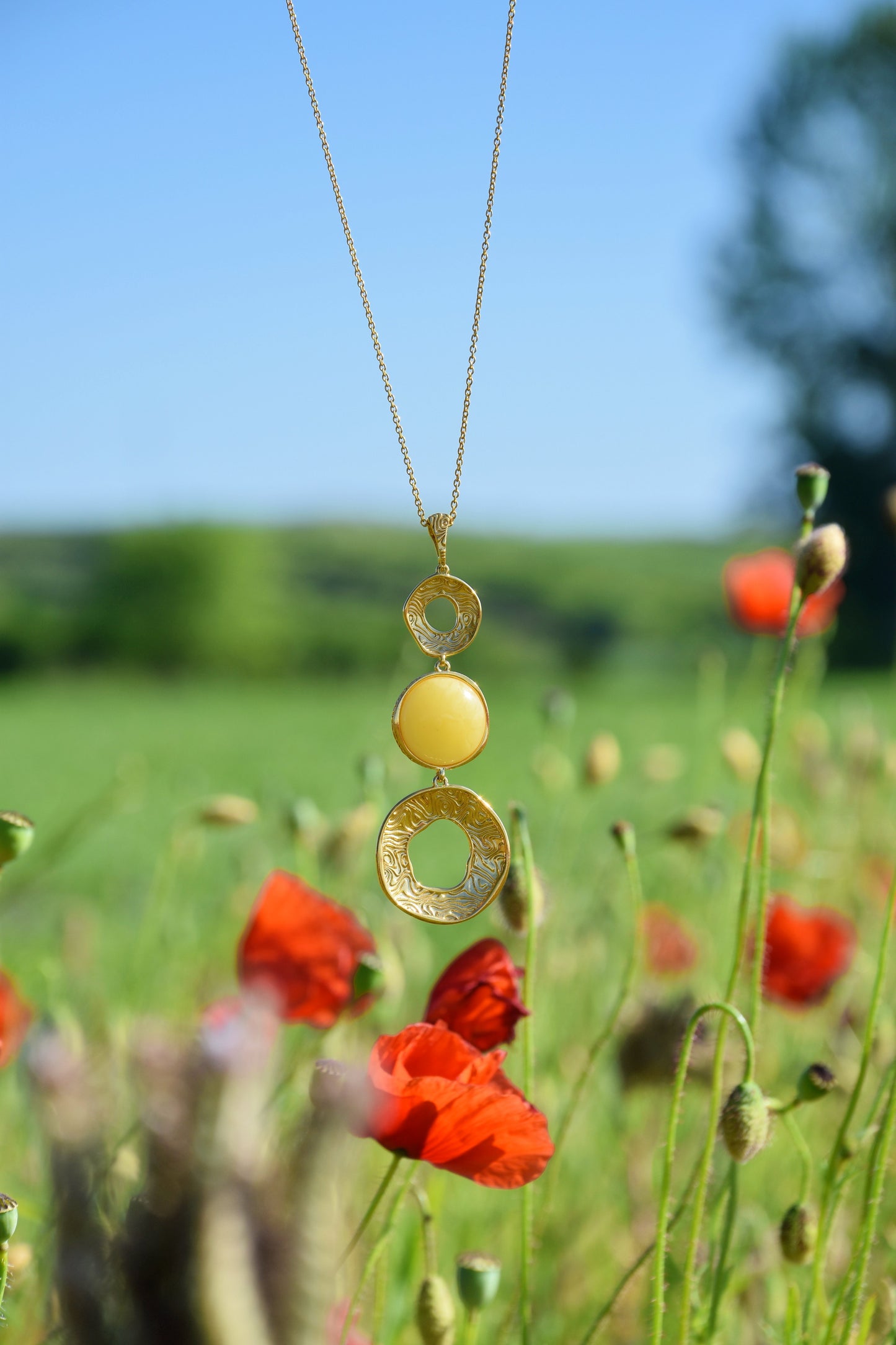 3 Parts Round Milk Amber and Gold Plated Silver Pendant