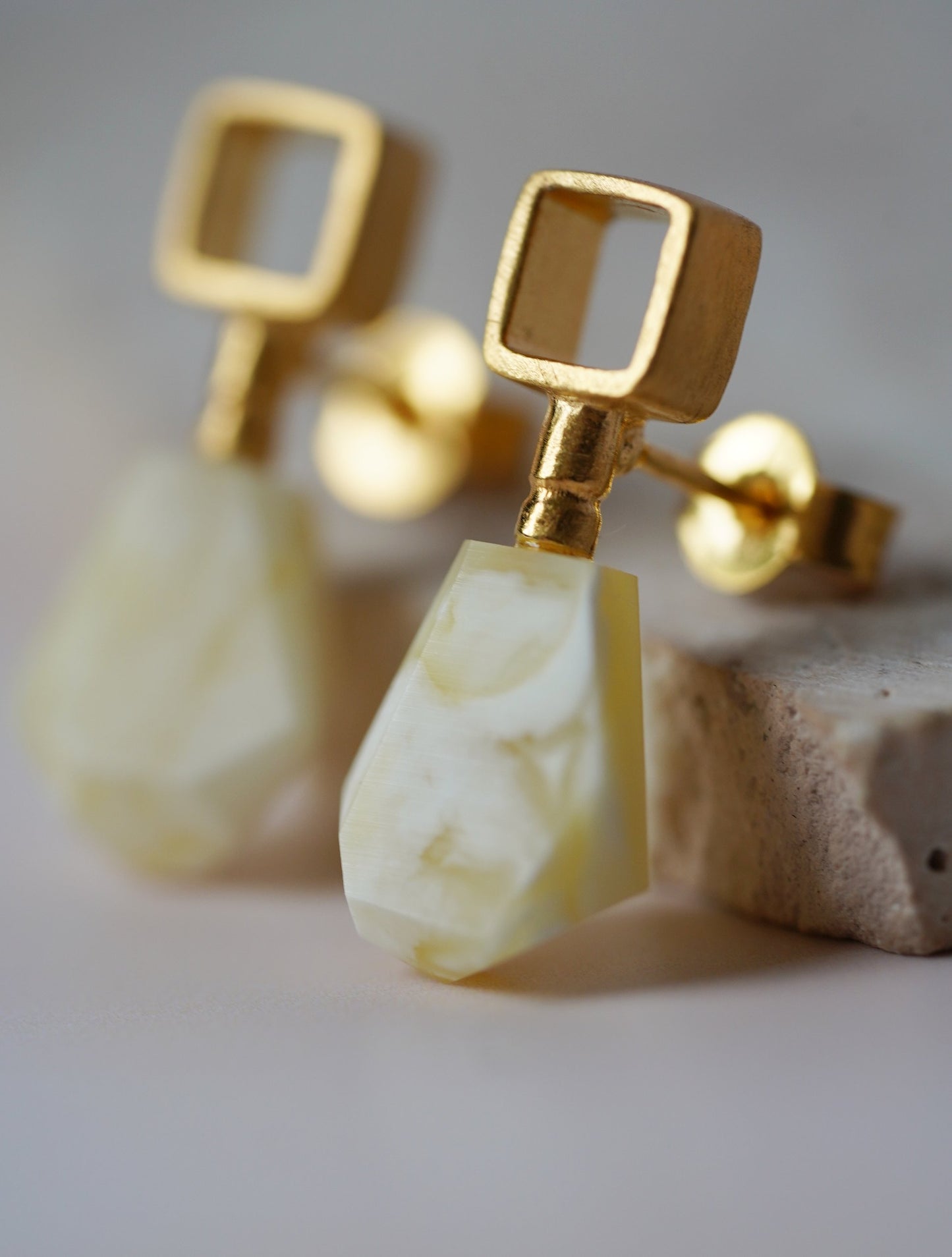 Geometrical Shaped Royal White Matt Amber Earrings in Gold Plated Silver