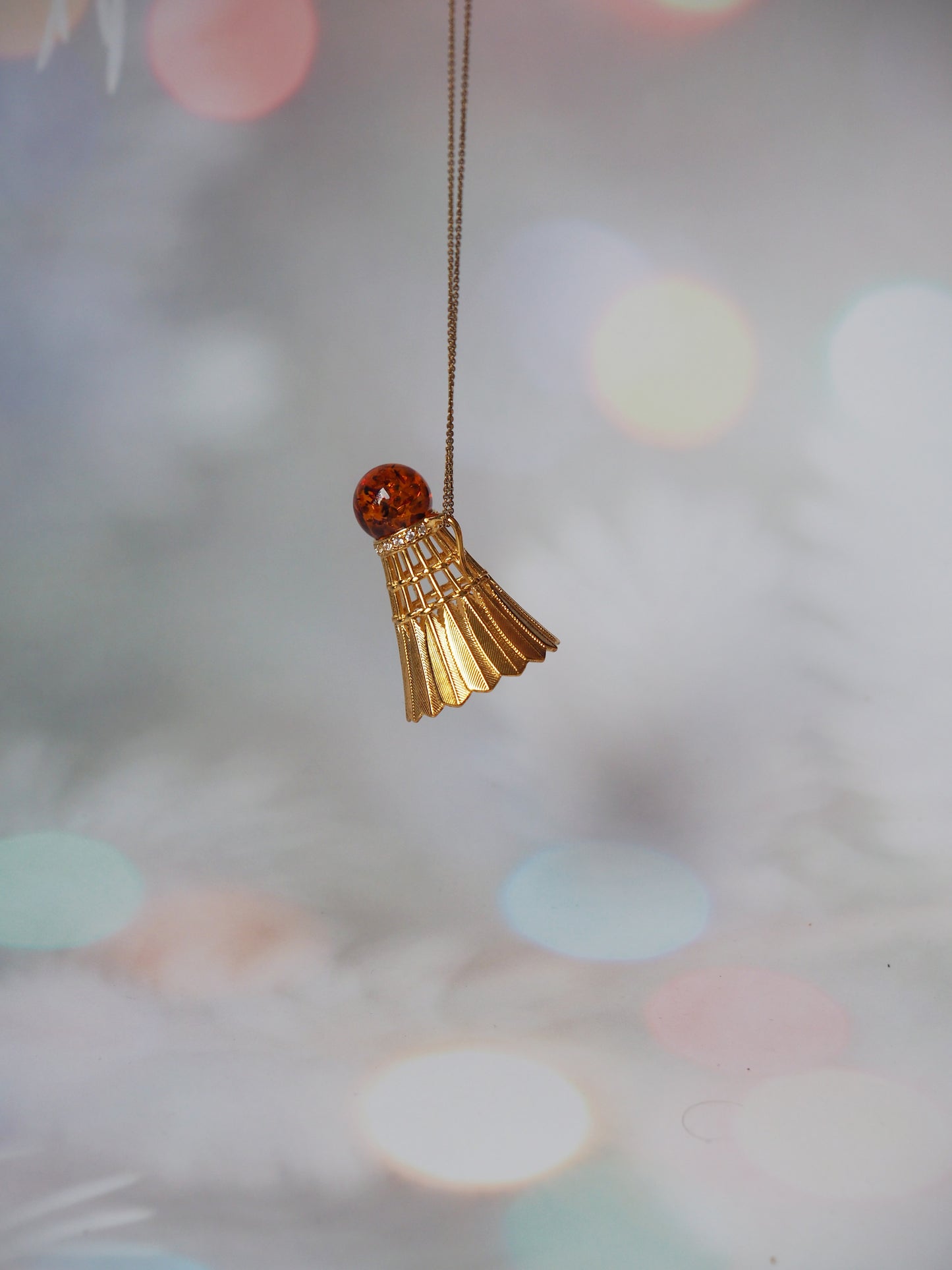 Tennis Shuttlecock Pendant with Cognac Amber in Gold Plated Silver with Cubic Zirconias