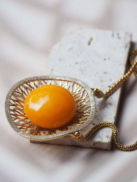 RUNWAY PIECE Unique Huge Supertree Inspired Honey Amber Pendant with Cubic Zirconias