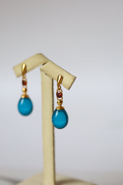 Blue Amber Olive Shape Dangling Earrings with Almandine Garnet in 14K Gold Plated Silver