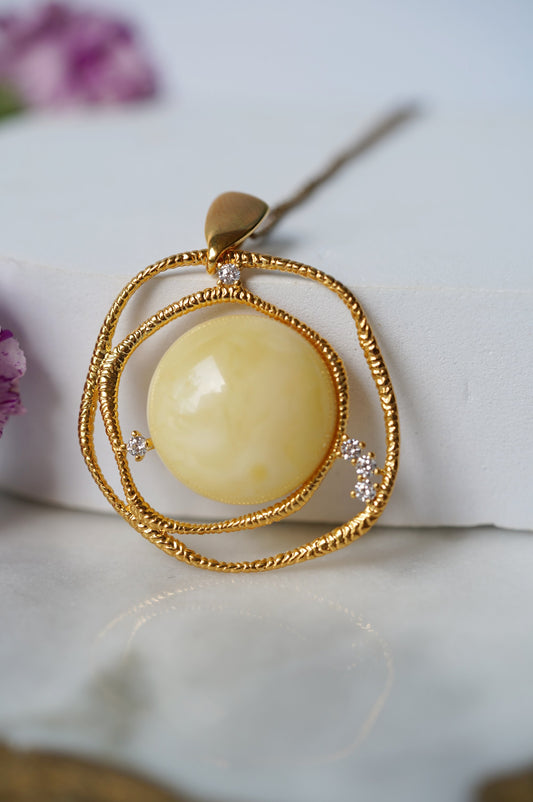 Delicate Round Irregular Royal White Amber Pendant with Cubic Zirconias in Gold Plated Silver