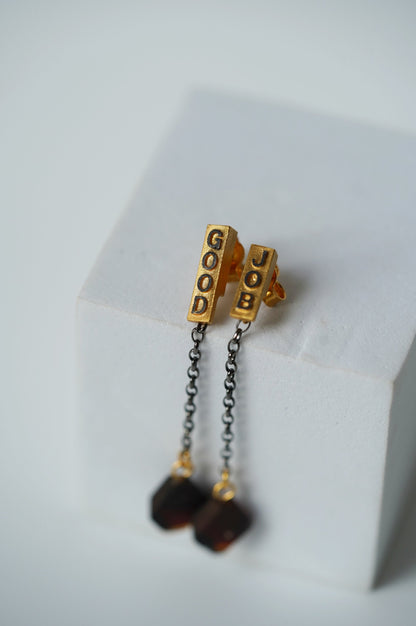 Cherry Amber Geometric Dangling Earrings in 14K Gold And Rhodium Plated Silver