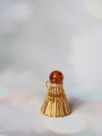 Tennis Shuttlecock Pendant with Cognac Amber in Gold Plated Silver with Cubic Zirconias