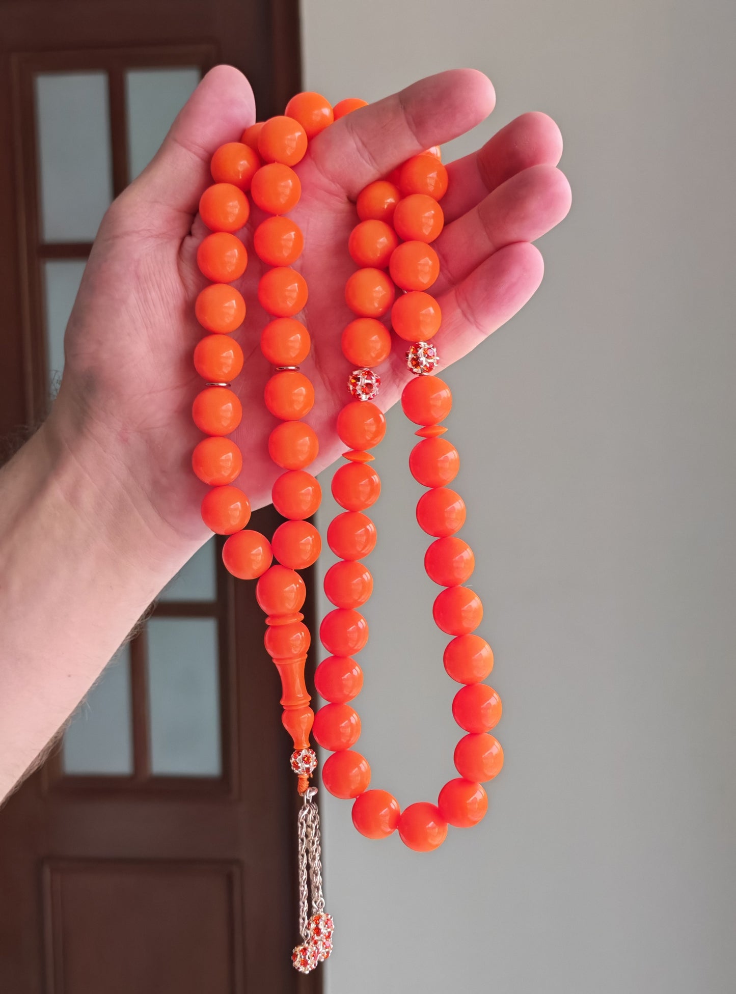 Neon Orange American Bakelite Tasbih | 51 Round Beads | 15.2mm Jumbo | Bowling Ball Origin | 139.3g