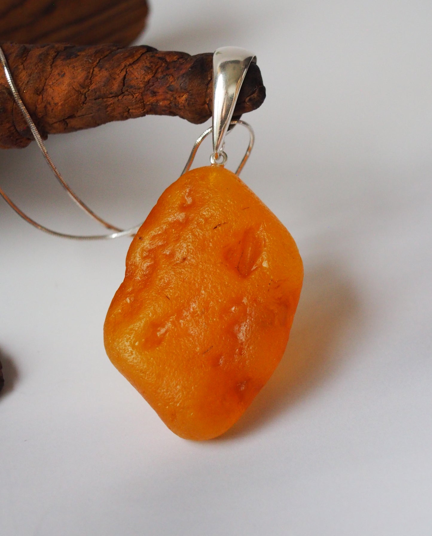 Oval Shape Raw Amber Pendant with Big Silver Hook and Chain