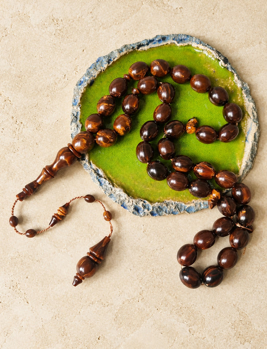 Rare American Bakelite Tasbih | 37 Pigeon Egg Beads | Chocolate Brown With Light Veins