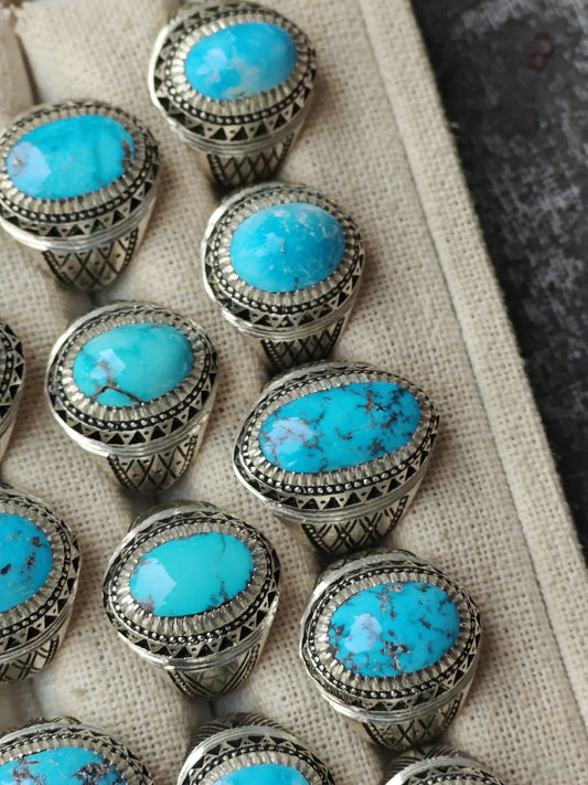 Unique Natural Persian Turquoise Rings from Neyshabur in Silver 925