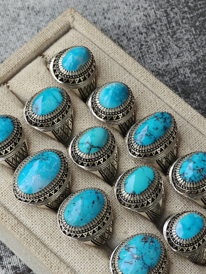 Unique Natural Persian Turquoise Rings from Neyshabur in Silver 925