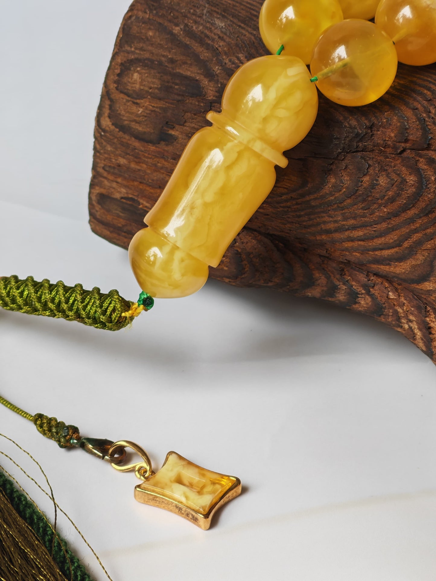 Unique Jumbo Half-Half Baltic Amber Misbah | 124g Statement Piece with Amber Pendant - 63 Beads