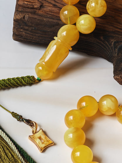 Unique Jumbo Half-Half Baltic Amber Misbah | 124g Statement Piece with Amber Pendant - 63 Beads