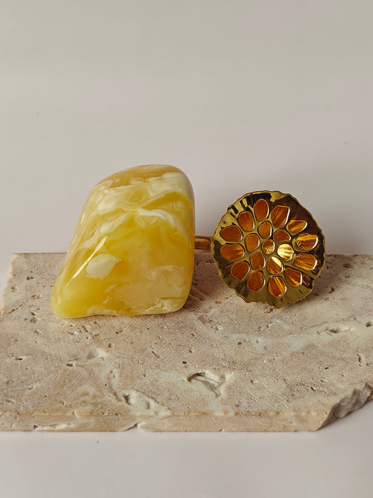 Unique Large Royal White Irregular Amber Ring With 14k Gold Plated Silver Frame in Lotus Pod Shape