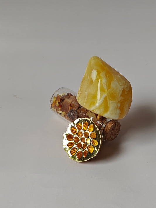 Unique Large Royal White Irregular Amber Ring With 14k Gold Plated Silver Frame in Lotus Pod Shape