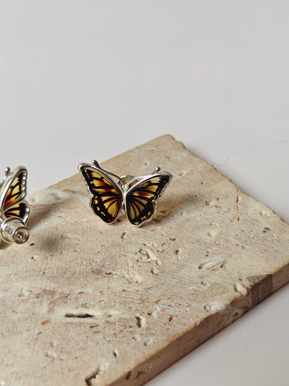 Butterfly Shaped Citron Stud Amber Earrings in Silver Frame