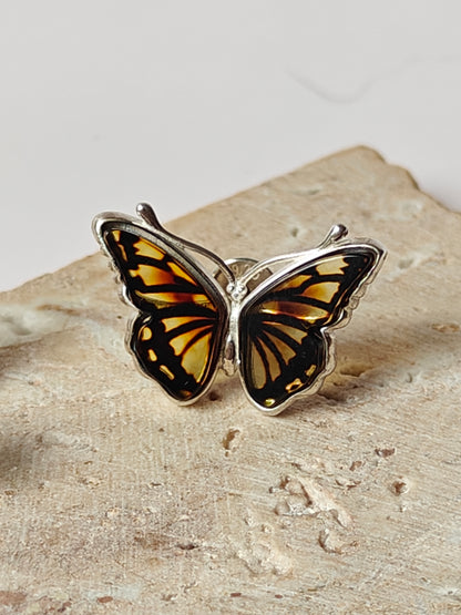 Butterfly Shaped Citron Stud Amber Earrings in Silver Frame